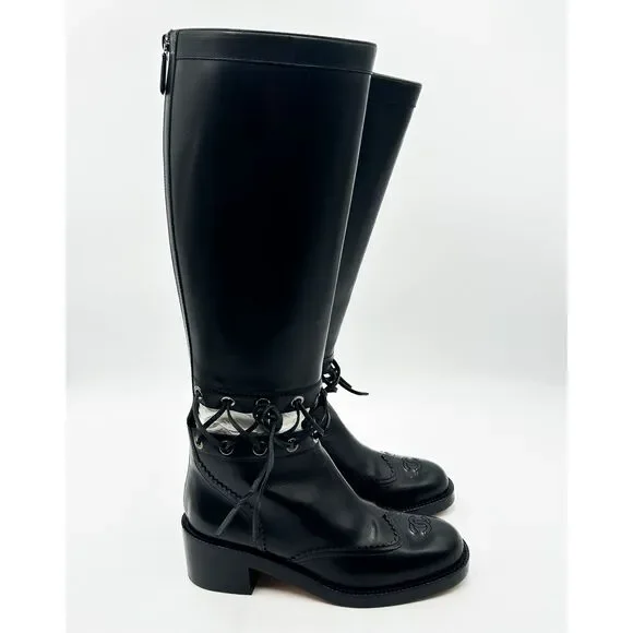 Chanel Knee High Boots Cap Toe Black Leather Lace Up Cutout - Picture 7 of 16